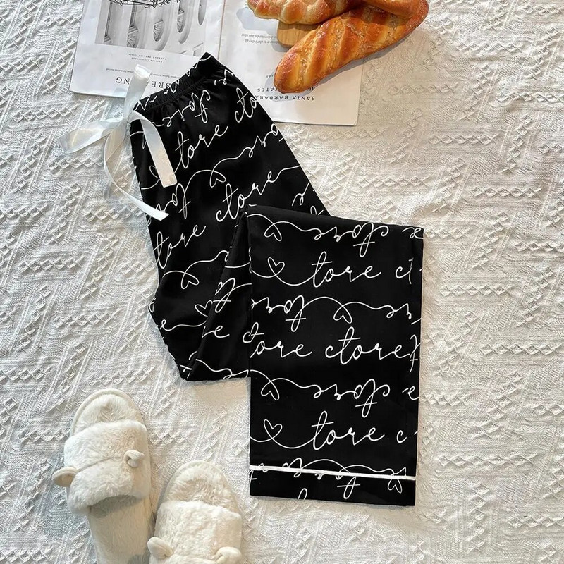 Levélnyomtatás Női pizsama nadrág elasztikus húzózsinóros derékalj nadrág teljes hosszig érő hálóruha Hálóruha nyugágy kendő