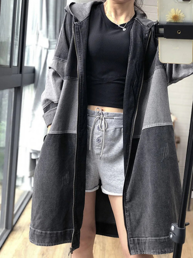 2023. aasta kevadsügis, uus naiste Korea versioon, keskmise pikkusega avar moodne kapuutsiga õmmeldud teksamantel