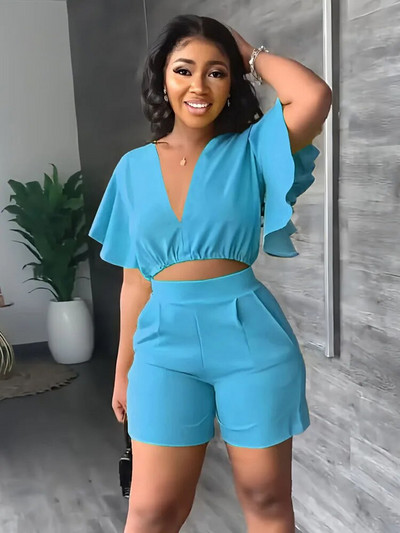 Καλοκαιρινό κοντό μπλουζάκι με λαιμόκοψη Γυναικείο σετ μονόχρωμο μονόχρωμο μονόχρωμο σορτς κοντομάνικο casual σορτς Γυναικείο σετ δύο τεμαχίων