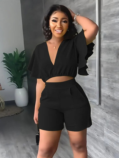 Καλοκαιρινό κοντό μπλουζάκι με λαιμόκοψη Γυναικείο σετ μονόχρωμο μονόχρωμο μονόχρωμο σορτς κοντομάνικο casual σορτς Γυναικείο σετ δύο τεμαχίων