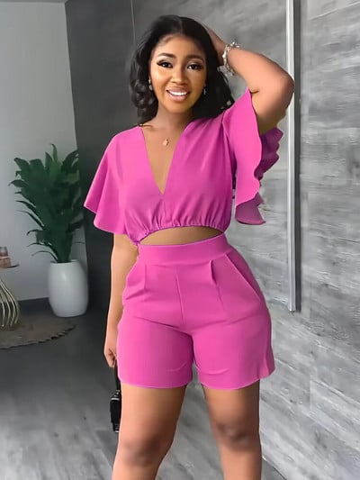 Καλοκαιρινό κοντό μπλουζάκι με λαιμόκοψη Γυναικείο σετ μονόχρωμο μονόχρωμο μονόχρωμο σορτς κοντομάνικο casual σορτς Γυναικείο σετ δύο τεμαχίων