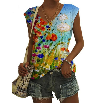Модни потници с 3D принт с пеперуди и цветя Дамски летни улични дрехи Големи жилетки с V-образно деколте с отворени рамена Дамска камизола без ръкави