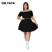 CM.YAYA Ženski komplet velikih veličina Jednobojne kratke majice kratkih rukava s kosim izrezom Suknje s naborima Dva dvodijelna trenirka Modna odjeća Ljeto
