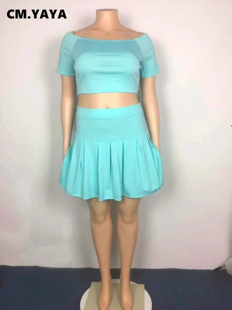 CM.YAYA Ženski komplet velikih veličina Jednobojne kratke majice kratkih rukava s kosim izrezom Suknje s naborima Dva dvodijelna trenirka Modna odjeća Ljeto