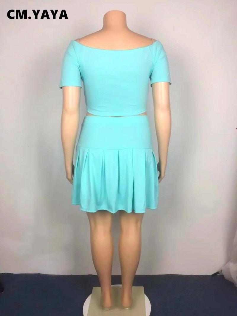CM.YAYA Ženski komplet velikih veličina Jednobojne kratke majice kratkih rukava s kosim izrezom Suknje s naborima Dva dvodijelna trenirka Modna odjeća Ljeto