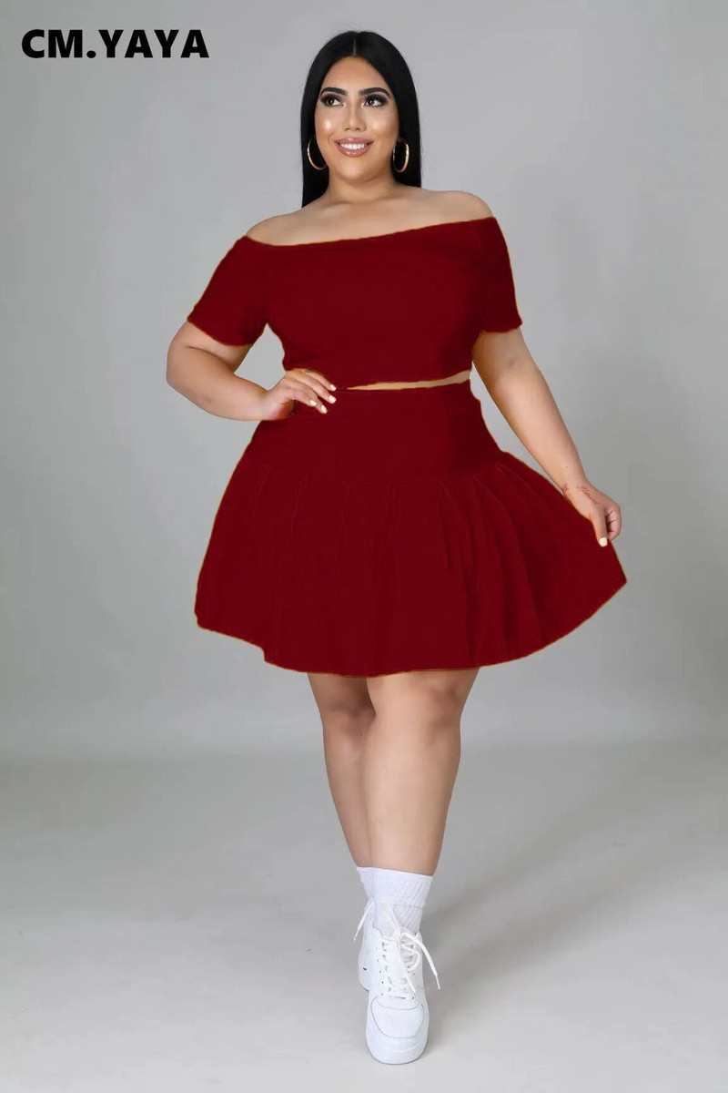 CM.YAYA Ženski komplet velikih veličina Jednobojne kratke majice kratkih rukava s kosim izrezom Suknje s naborima Dva dvodijelna trenirka Modna odjeća Ljeto