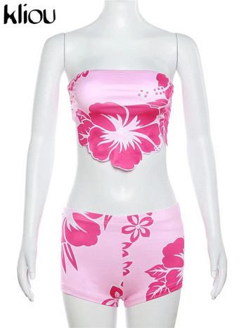 kliou Summer Girl 2 τεμάχια Σετ Γλυκό λουλουδάτο τύπωμα τυλιγμένο στήθος Crop top + σούπερ σορτς ασορτί στολή Γυναικεία ενδυμασία κλαμπ Καυτά