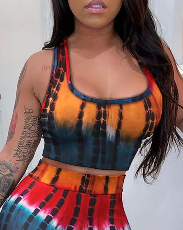 Dvodijelni kompleti Ženska odjeća 2023. Moda za proljeće 2023. Tie Dye print bez rukava U-izrez kratki top i ležerni set kratkih hlača visokog struka
