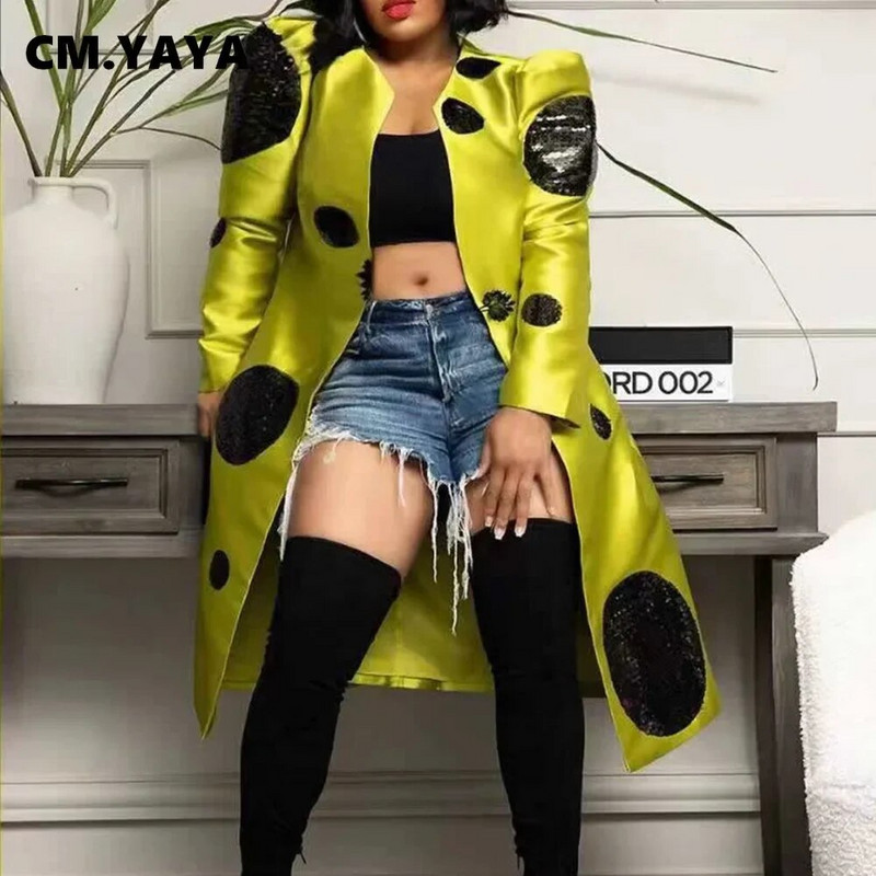 CM.YAYA Női Vintage utcai ruházat, hosszú ujjú nyitott varrás flitteres patchwork Maxi blézer stílusú árok