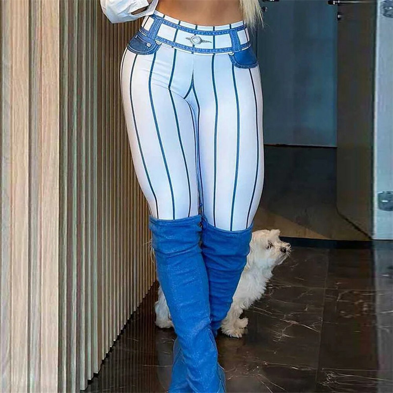 FCCEXIO Denim Stripe Print Naiste sportlikud säärised kõrge vöökohaga, jooksmine, seksikas kitsas treening, jooga jõusaal Push Up püksid