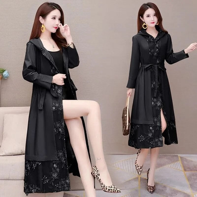 Nehézipari hímzés Anyai széldzseki hosszú kabát 2022 őszi temperamentum női felvonó kabát kapucnis dzseki Khaki 5XL