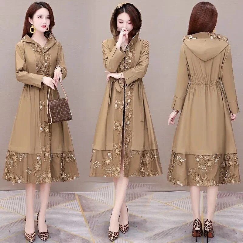 Nehézipari hímzés Anyai széldzseki hosszú kabát 2022 őszi temperamentum női felvonó kabát kapucnis dzseki Khaki 5XL