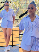 CM.YAYA divatos csíkos női 2 részes készletek, rövid ujjú zsebes ing és rövidnadrág szett 2023 INS nyári utcai ruha