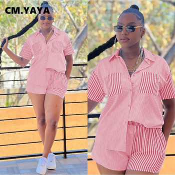 CM.YAYA Модни дамски раирани комплекти от 2 части Комплект риза с джоб и къси панталони с къс ръкав 2023 INS Summer Streetwear Анцуг