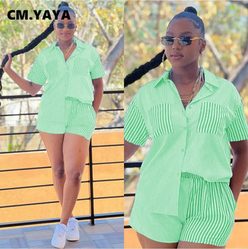 CM.YAYA Модни дамски раирани комплекти от 2 части Комплект риза с джоб и къси панталони с къс ръкав 2023 INS Summer Streetwear Анцуг