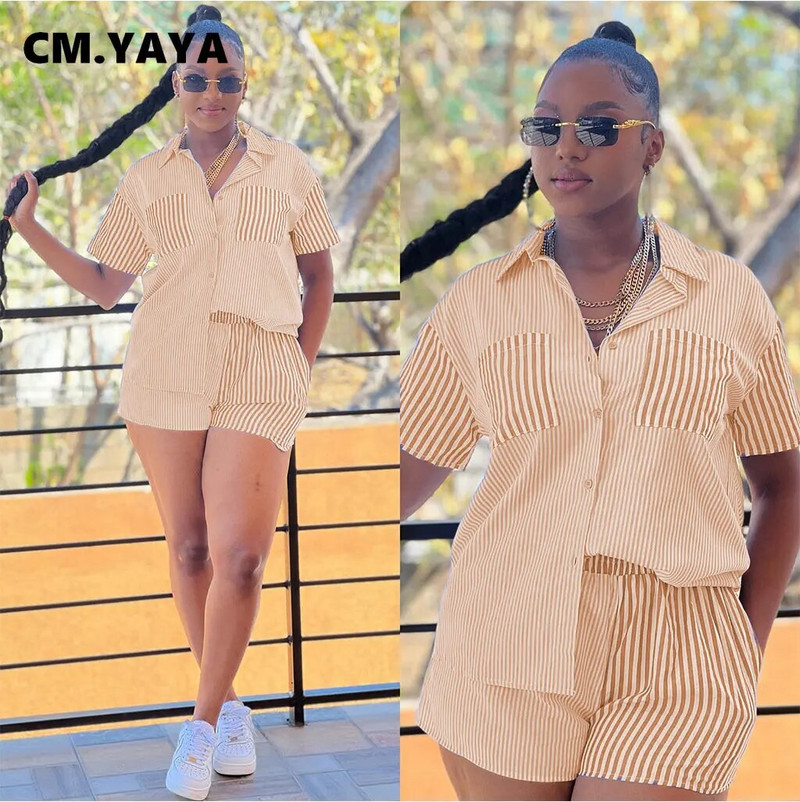 CM.YAYA divatos csíkos női 2 részes készletek, rövid ujjú zsebes ing és rövidnadrág szett 2023 INS nyári utcai ruha