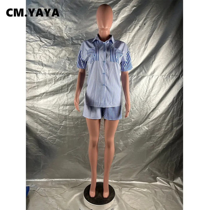CM.YAYA divatos csíkos női 2 részes készletek, rövid ujjú zsebes ing és rövidnadrág szett 2023 INS nyári utcai ruha