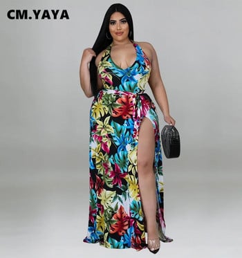 CM.YAYA Големи размери на цветя Дамска макси дълга пола от широк шифон и боди със завързване с висок размер и комплект от 2 части Плажен бански костюм