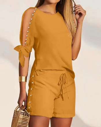 Перлен декор Горна част с разделен ръкав и къси панталони с шнурове за лято Дамско дамско ежедневно облекло Женска мода Нов комплект от две части