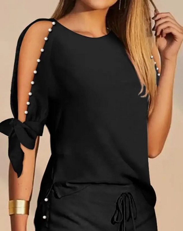 Σετ σορτς με σπαστό μανίκι και κορδόνια με μαργαριτάρια για καλοκαιρινά γυναικεία casual ρούχα Γυναικεία μόδα Νέο σετ δύο τεμαχίων