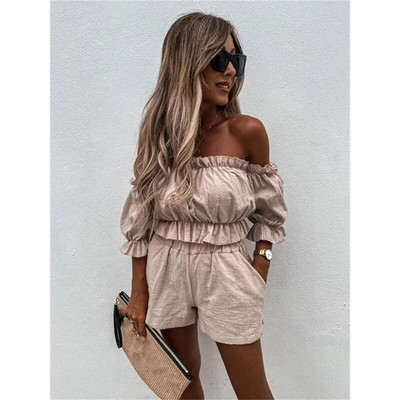 Tinuta casual pentru femei cu maneca scurta, 2023, moda de vara, guler cu un singur cuvant, costum de buzunar, pantaloni scurti de top, set de doua piese