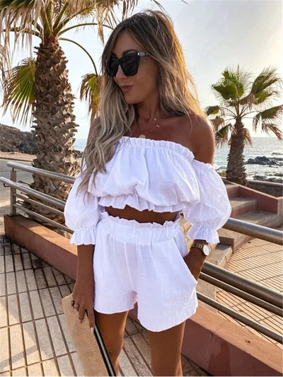 Tinuta casual pentru femei cu maneca scurta, 2023, moda de vara, guler cu un singur cuvant, costum de buzunar, pantaloni scurti de top, set de doua piese