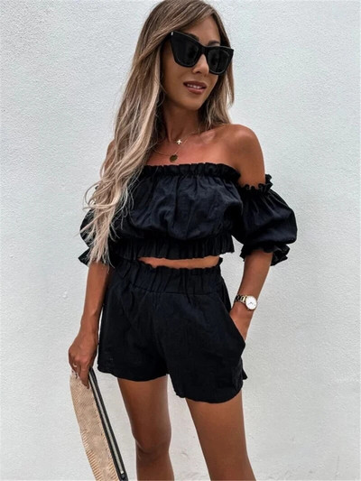 Tinuta casual pentru femei cu maneca scurta, 2023, moda de vara, guler cu un singur cuvant, costum de buzunar, pantaloni scurti de top, set de doua piese