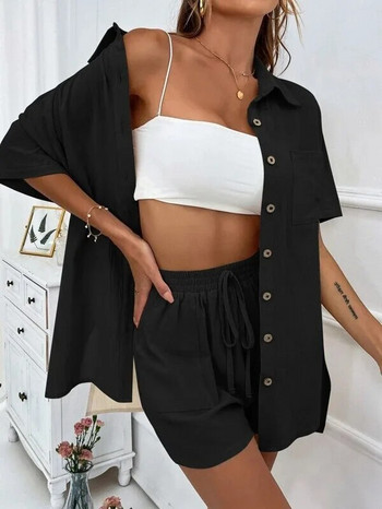 Casual βαμβακερό κοντό γυναικείο κοντομάνικο πουκάμισο άνοιξη καλοκαίρι μόδας με σορτς δύο τεμαχίων σετ γραφείου Κομψό φαρδύ κοστούμι μαύρο