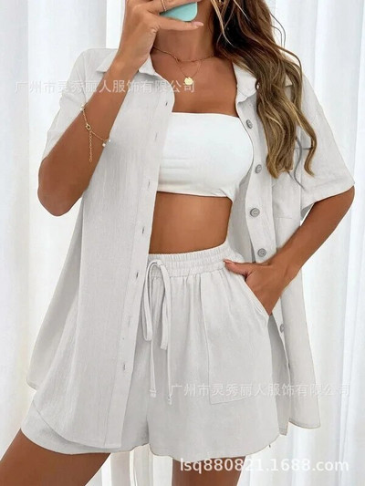 Įprastas medvilninis trumpas rinkinys Moteriški pavasario vasaros madingi marškiniai trumpomis rankovėmis su šortais dviejų dalių komplektas biuro elegantiškas laisvas kostiumas, juodas