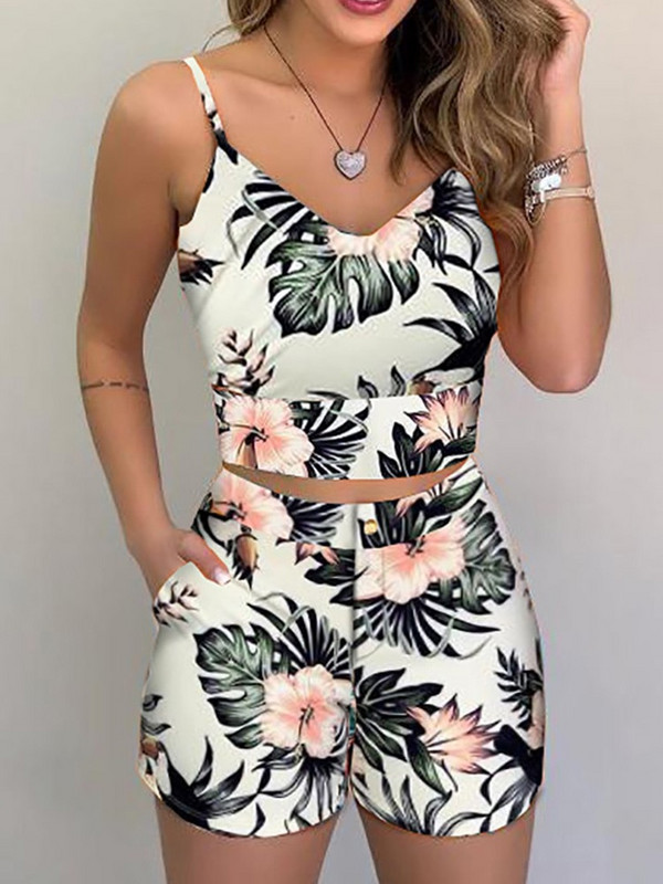 Nyomtatás Spaghetti Strap Crop felső és rövid készletek Alkalmi nyári 2 részes ruhák nőknek