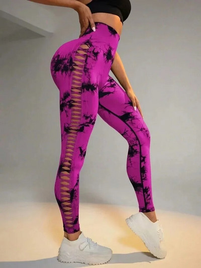 Ženske Tie Dye mrežaste tajice Sportske izdubljene hlače za jogu Sportska odjeća za fitness Seksi Push Up tajice visokog struka Tajice za trčanje