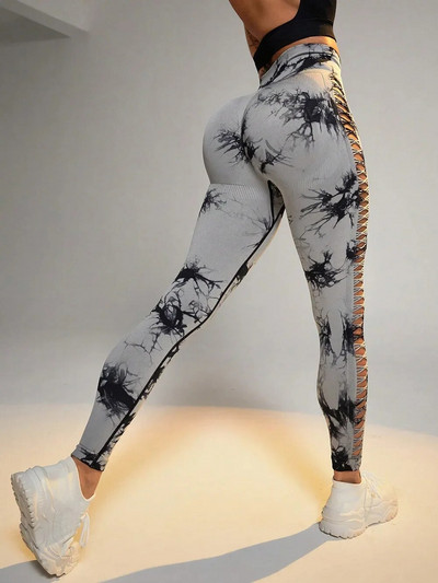 Ženske Tie Dye mrežaste tajice Sportske izdubljene hlače za jogu Sportska odjeća za fitness Seksi Push Up tajice visokog struka Tajice za trčanje