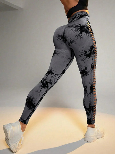 Ženske Tie Dye mrežaste tajice Sportske izdubljene hlače za jogu Sportska odjeća za fitness Seksi Push Up tajice visokog struka Tajice za trčanje