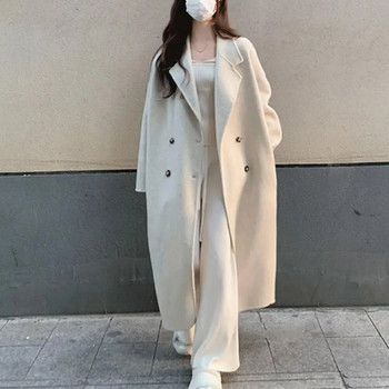 Дамско свободно яке Стилно дамско двуредно палто със средна дължина с ревер, ветроустойчиво топло палто за есента и зимата