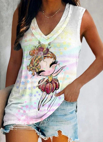Καλοκαιρινό υπέροχο κορίτσι με τρισδιάστατο τυπωμένο μπλουζάκι τανκ Γυναικεία μόδα Streetwear Υπερμεγέθη γιλέκο V-λαιμόκοψη Αμάνικο γυναικείο καμίνι