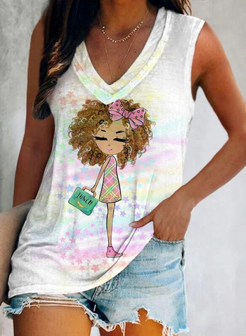 Summer Lovely Girl Потници с 3D принт Дамска модна улична жилетка с голямо V-образно деколте и с отворени рамена Дамска камизола без ръкави