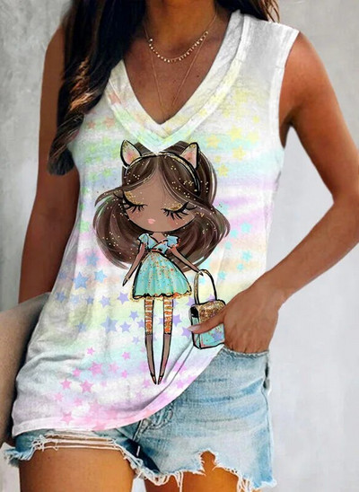 Summer Lovely Girl Потници с 3D принт Дамска модна улична жилетка с голямо V-образно деколте и с отворени рамена Дамска камизола без ръкави