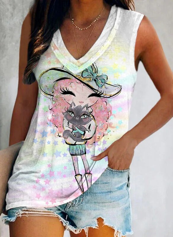 Nyári, szép lány, 3D nyomtatással készült felsők, női, divatos utcai ruházat, túlméretezett V-nyakú mellény, ujjatlan, női kamisole