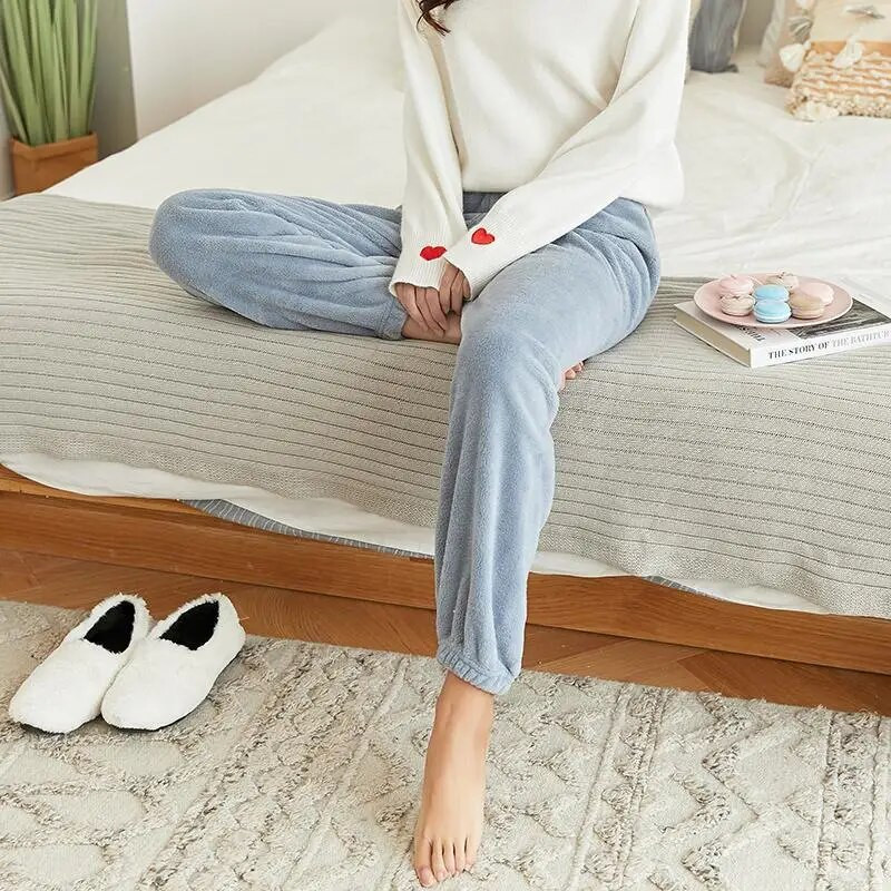 Hlače za spavanje od flisa Ženske zimske, tople, ležerne, mekane u korejskom stilu, jednostavne estetske udobnosti Mujer Lounge Wear, jednobojne hlače