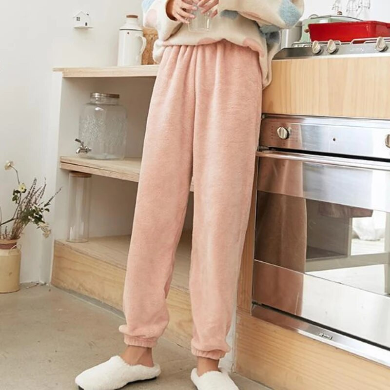 Hlače za spavanje od flisa Ženske zimske, tople, ležerne, mekane u korejskom stilu, jednostavne estetske udobnosti Mujer Lounge Wear, jednobojne hlače