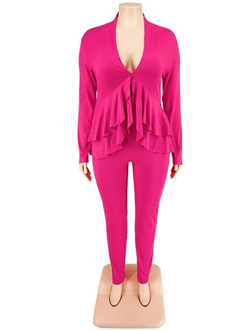 Wmstar Plus Size Two Piece Outfits Γυναικείες βολάν V λαιμόκοψη Σετ Top κολάν Σετ φόρμας συμπαγούς ελαστικότητας Χονδρική Dropshipping