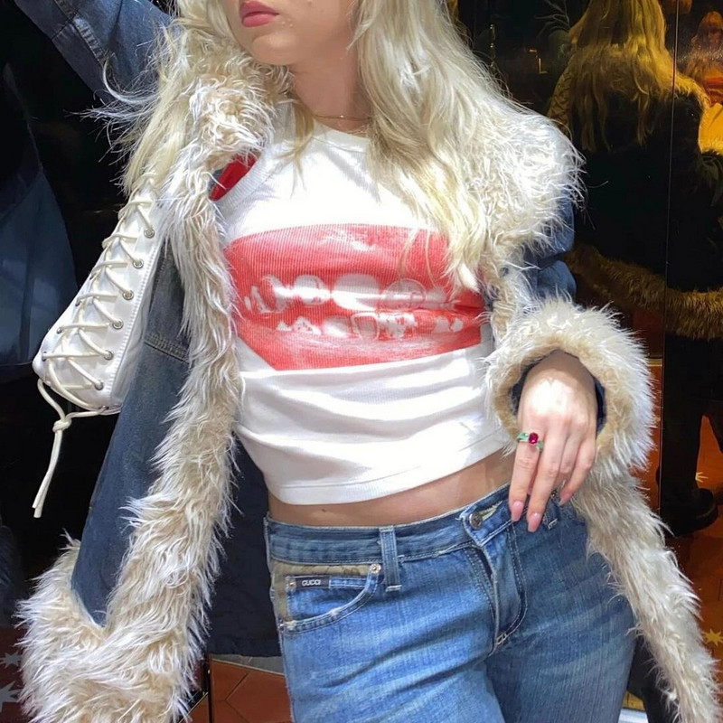 Esztétikus nyári baba póló felsők Utcai ruházat Gótikus Harajuku Ajkak Grafikus póló Vintage Crop Top Női 2000-es évek Y2K ruhák