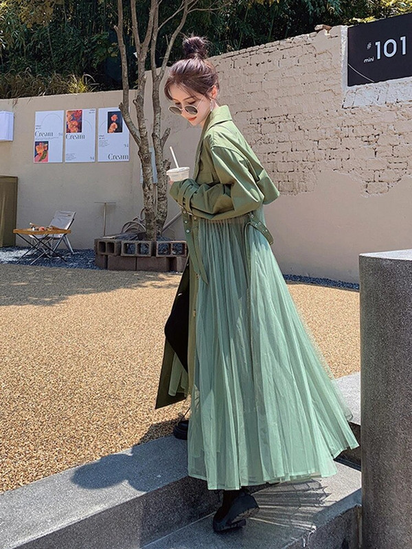 LANMREM 2024. Proljetni trenč ženski kaput s jednorednim kopčanjem i dugim rukavima od čipke i revera, ženska modna vjetrovka 2R1801