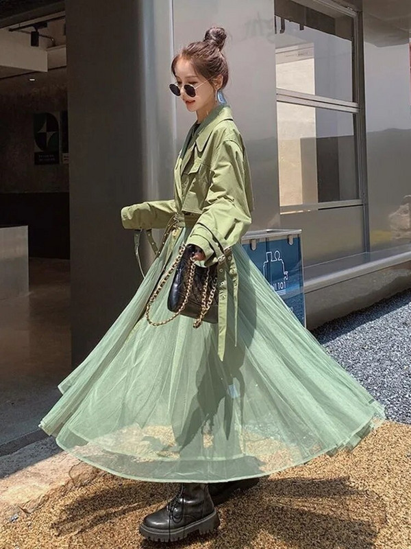 LANMREM 2024. Proljetni trenč ženski kaput s jednorednim kopčanjem i dugim rukavima od čipke i revera, ženska modna vjetrovka 2R1801