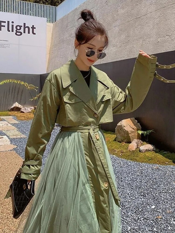 LANMREM 2024. Proljetni trenč ženski kaput s jednorednim kopčanjem i dugim rukavima od čipke i revera, ženska modna vjetrovka 2R1801