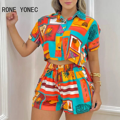 Női alkalmi, lehajtható gallér, rugalmas derék húzózsinór Crop Top nyári tengerparti vakációs rövid szettek