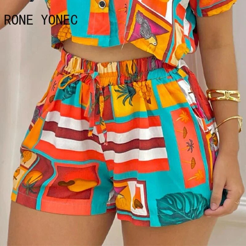 Női alkalmi, lehajtható gallér, rugalmas derék húzózsinór Crop Top nyári tengerparti vakációs rövid szettek