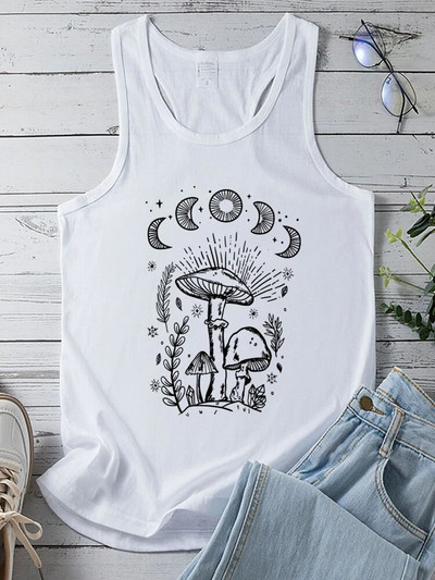 Seeyoushy vintage Sun Moon Mushroom Print Tank Top Naiste Harajuku Suvine Varrukateta Tsärk 90ndate Naiste Spordivest Ropa Esteetiline