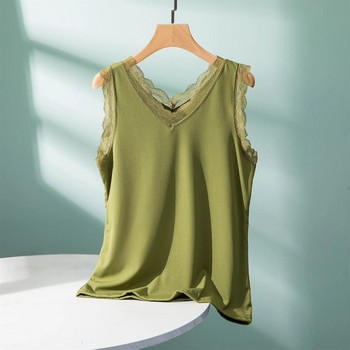 Rib Cotton Lace V-Neck Tank Top καλοκαιρινό γυναικείο καμίνι με κάτω καμιζόλα Plus size Streetwear μπλουζάκια αμάνικα all match