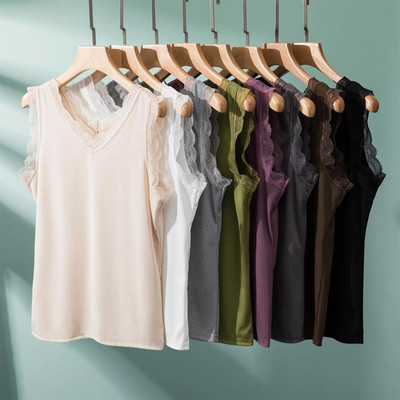 Rib Cotton Lace V-Neck Tank Top καλοκαιρινό γυναικείο καμίνι με κάτω καμιζόλα Plus size Streetwear μπλουζάκια αμάνικα all match